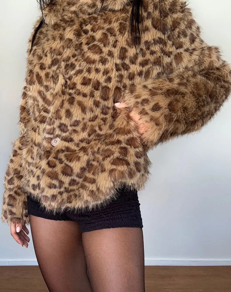 Joji Crop Faux Fur Jacket in Brown Leopard