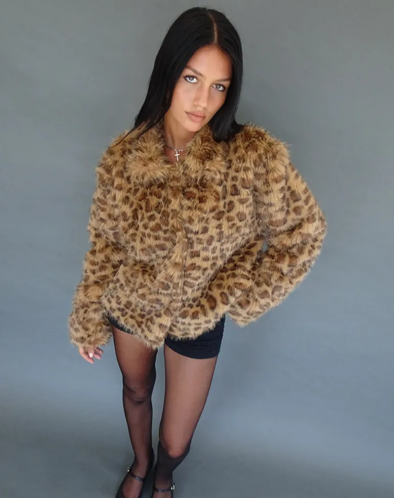 Joji Crop Faux Fur Jacket in Brown Leopard