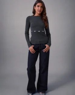 Josa Long Sleeve Knit Top in Dark Charcoal with Studs