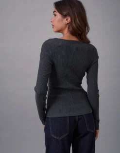 Josa Long Sleeve Knit Top in Dark Charcoal with Studs