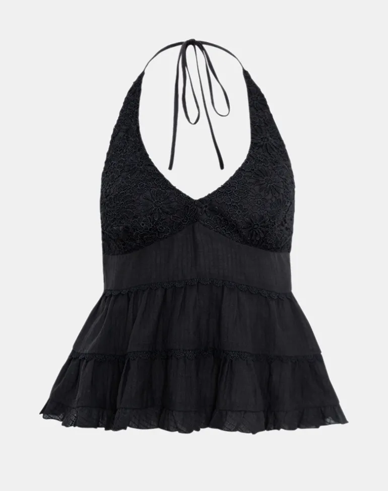 Juanita Frill Halter Neck Top in Black