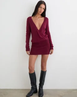 Junbi Wrap Mini Dress in Knit Wine