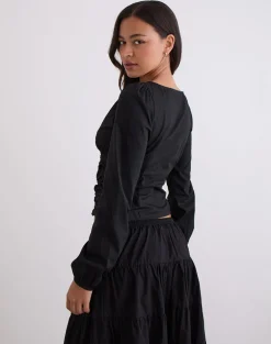 Kadek Fitted Plunge Blouse in Poplin Black