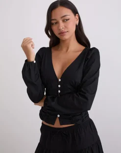 Kadek Fitted Plunge Blouse in Poplin Black