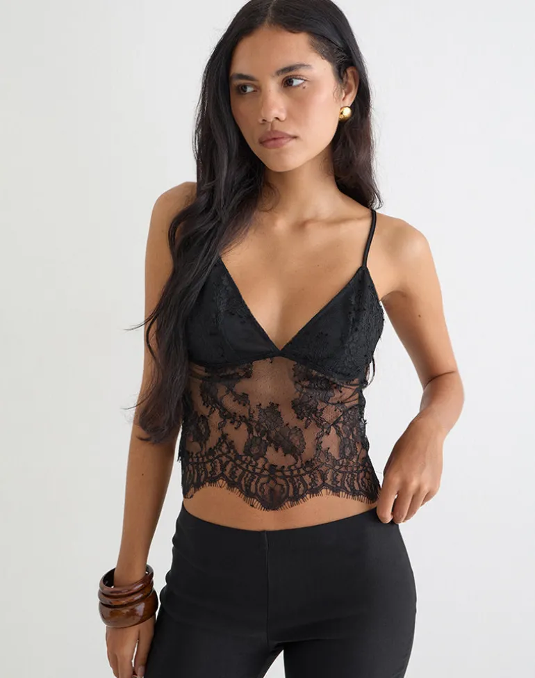 Kaika Plunge Cami Top in Eyelash Lace Black