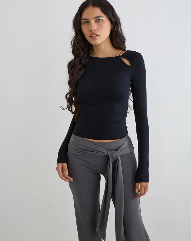 Kalais Long Sleeve Twisted Neckline Top in Black