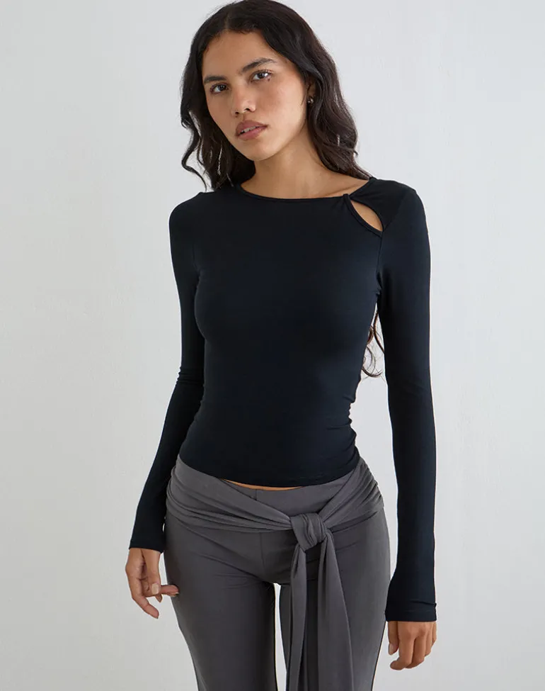 Kalais Long Sleeve Twisted Neckline Top in Black