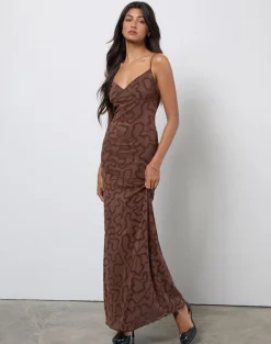 Kalana Maxi Dress in Brown Swirl Flock