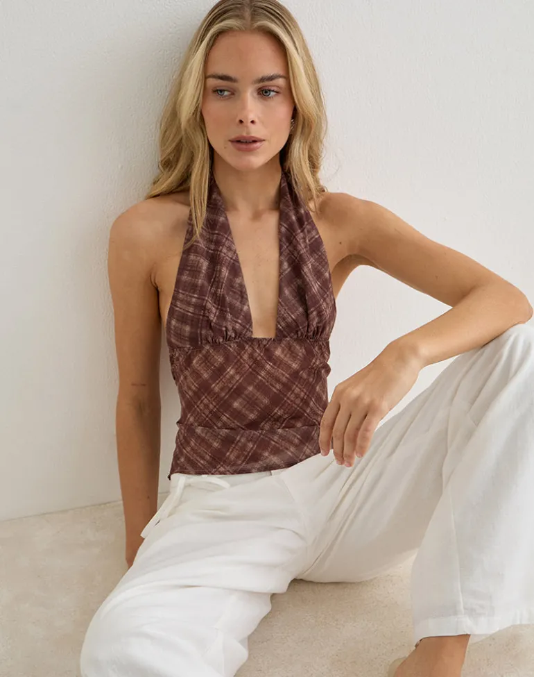 Kaluli Halterneck Top in Stone Check Brown