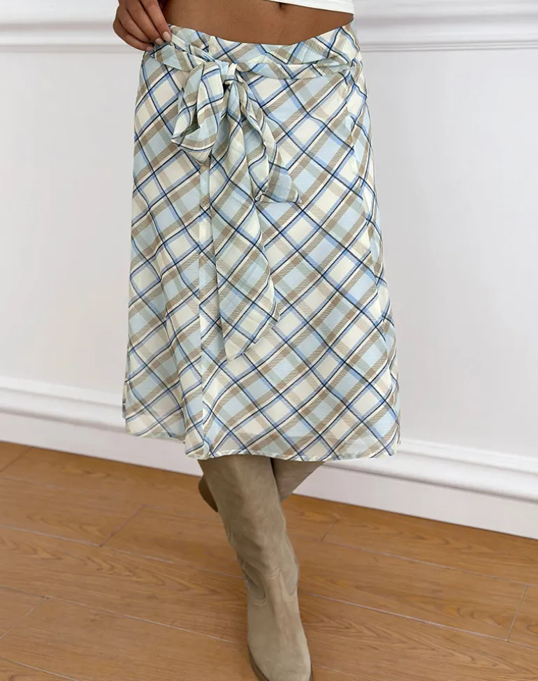 Kamili Midi Skirt in Chiffon Vintage Blue Check