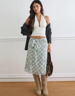 Kamili Midi Skirt in Chiffon Vintage Blue Check