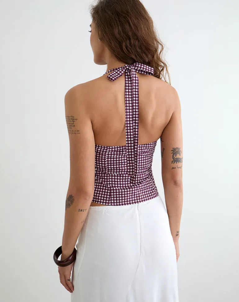 Kampi Halterneck Top in Mini Gingham Wine