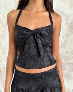 Kampi Halter Top in Satin Jacquard Black