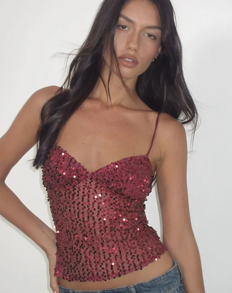 Karachi Triangle Cami Top in Sequin Burgundy