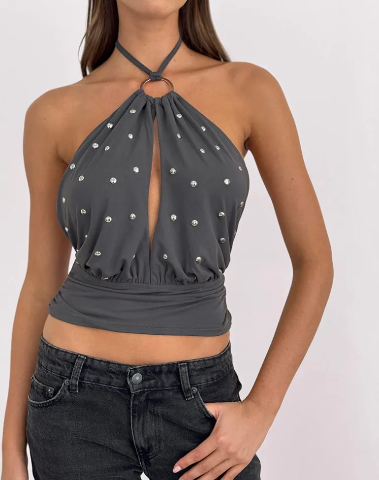 Karise Plunge Top in Cupro Charcoal Grey