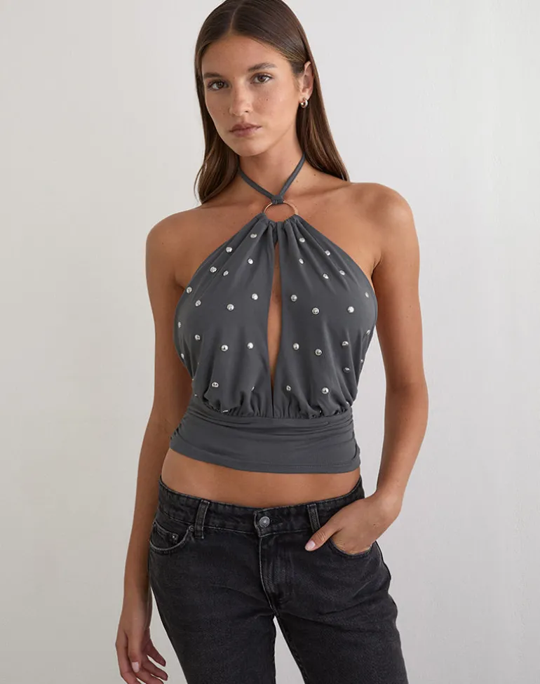 Karise Plunge Top in Cupro Charcoal Grey
