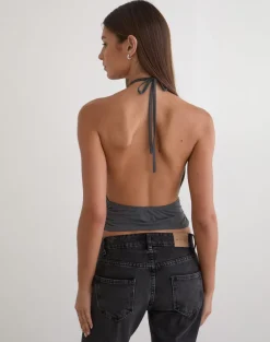 Karise Plunge Top in Cupro Charcoal Grey
