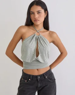 Karise Plunge Top in Cupro Light Grey