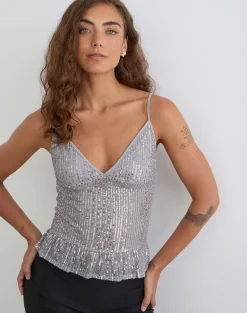 Karka Cami Top in Drape Sequin Grey