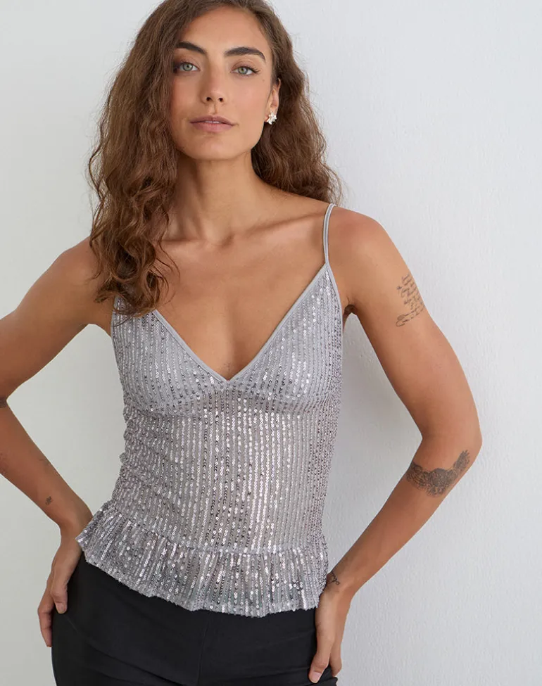 Karka Cami Top in Drape Sequin Grey