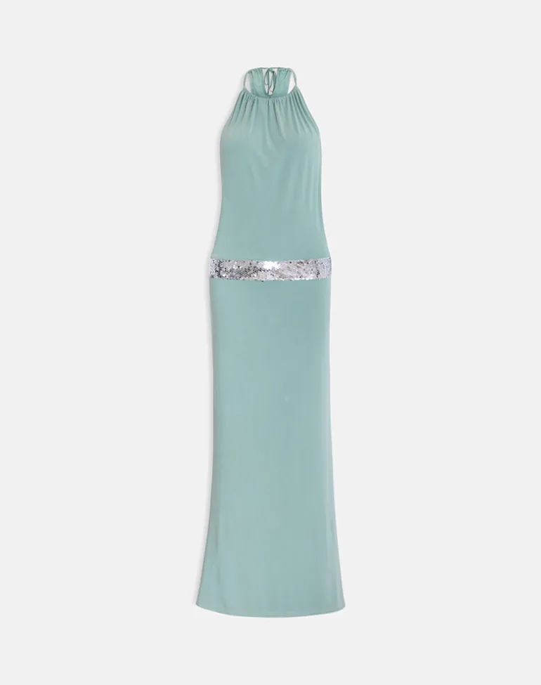 Karuna High Neck Maxi Dress in Aqua Grey