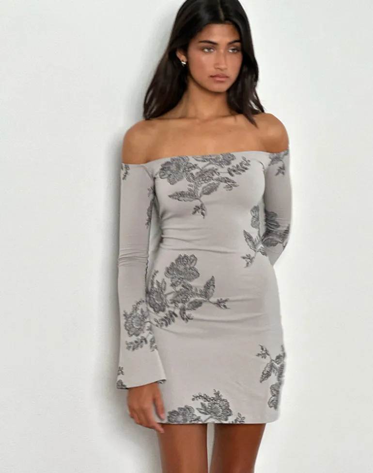 Kausar Off Shoulder Mini Dress in Lace Flower Grey