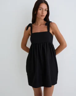 Kayla Square Neck Mini Dress in Linen Black