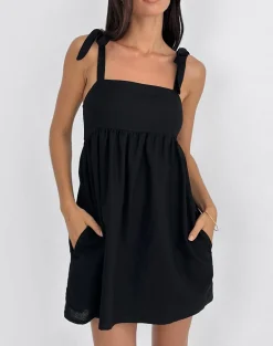 Kayla Square Neck Mini Dress in Linen Black