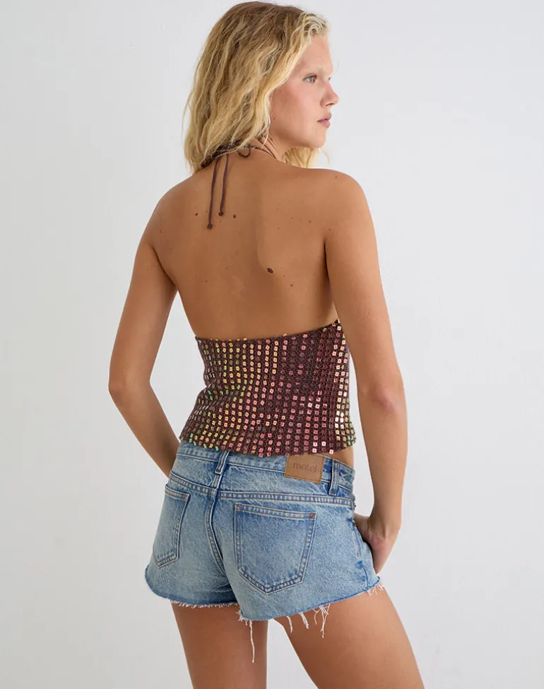 Kelabu Halterneck Top in Sequin Knit Dark Brown