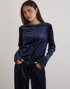 Kellen Button Up Cardigan in Velour Navy