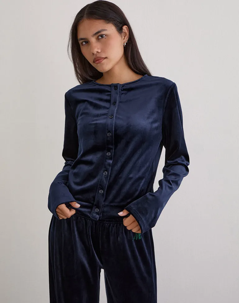 Kellen Button Up Cardigan in Velour Navy