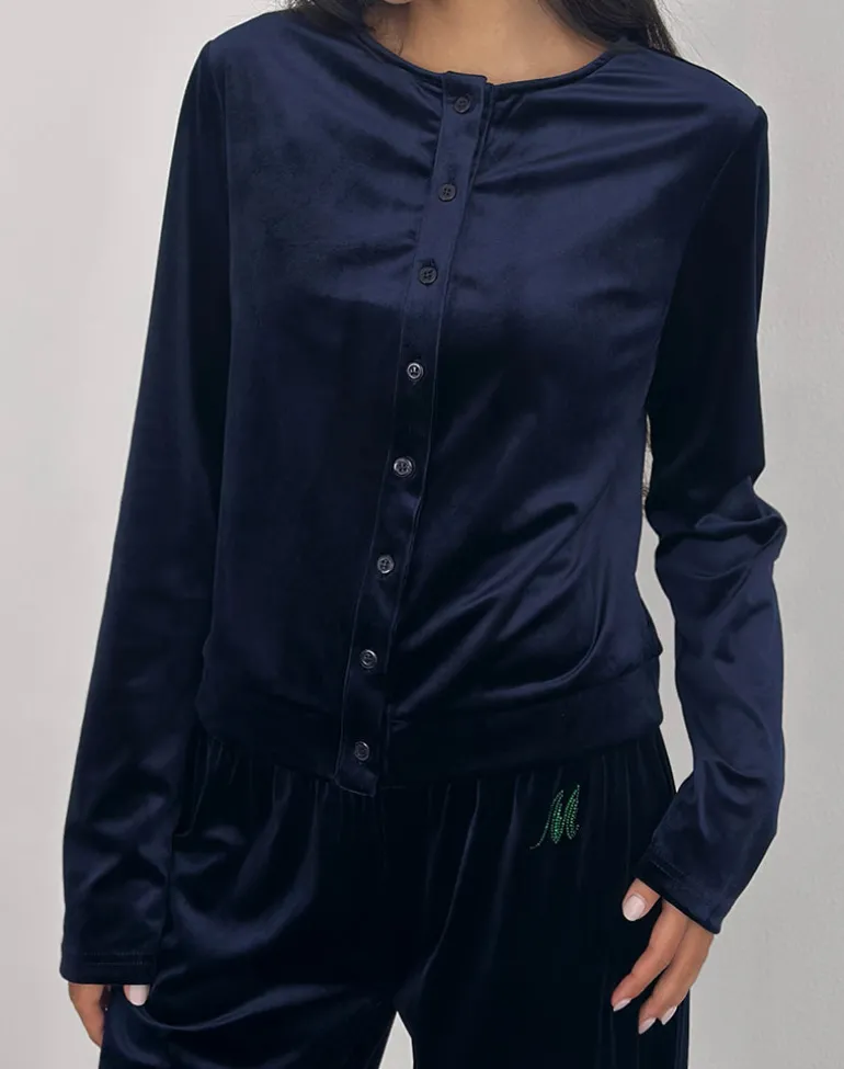 Kellen Button Up Cardigan in Velour Navy