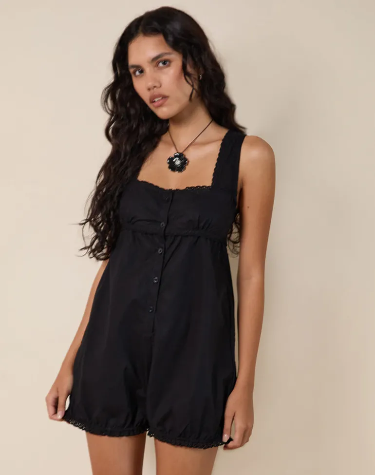Kenna Babydoll Playsuit in Poplin Black