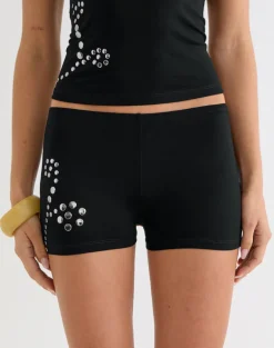 Keuni Short in Jersey Black with Floral Studs