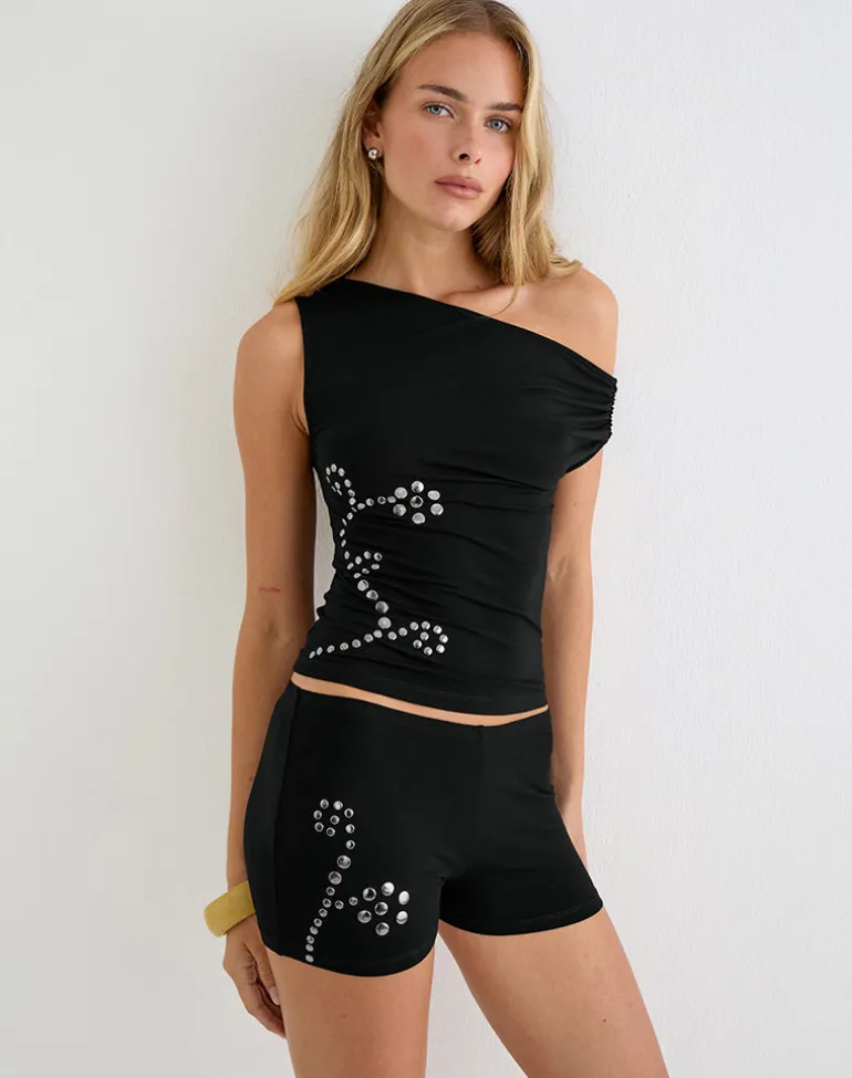 Keuni Short in Jersey Black with Floral Studs