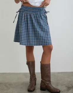 Khimar Gathered Midi Skirt in Medium Tartan Blue