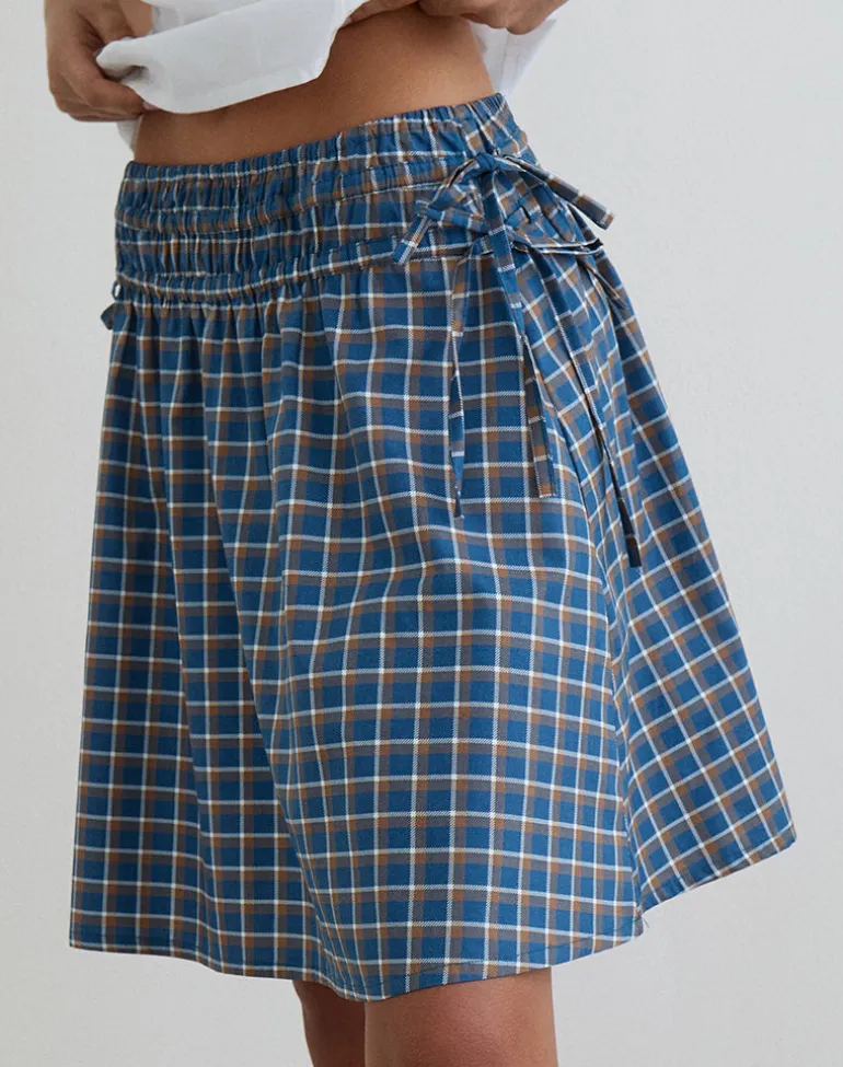 Khimar Gathered Midi Skirt in Medium Tartan Blue