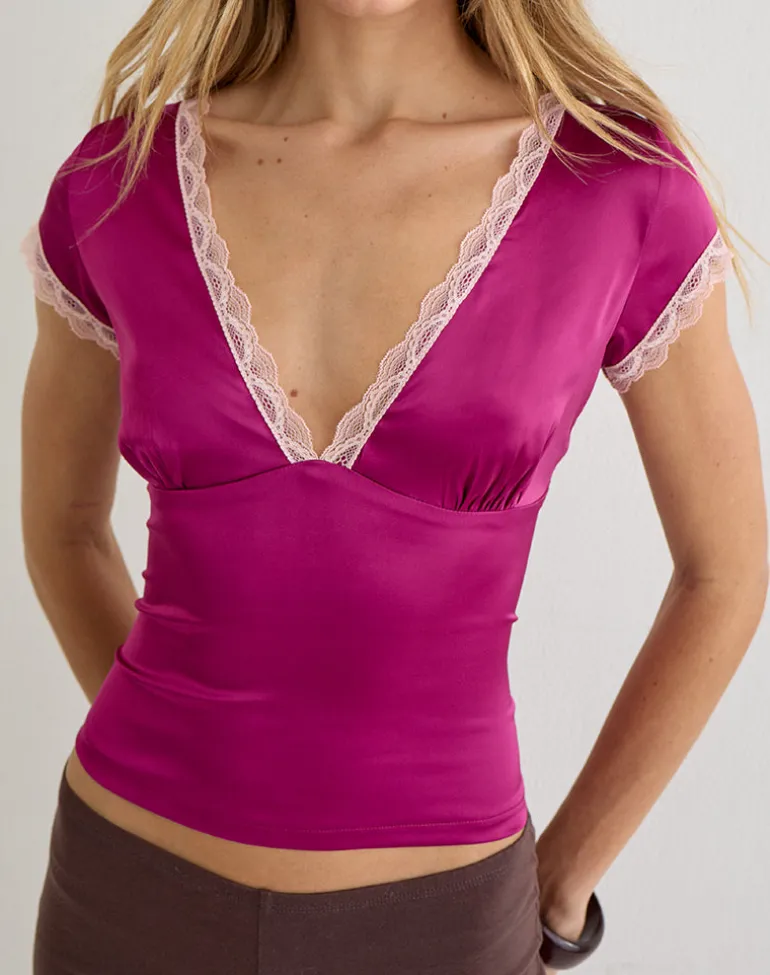 Kinnas Top with Lace Trim in Satin Berry