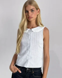Kitami Shirt in Linen White Blue Stripe