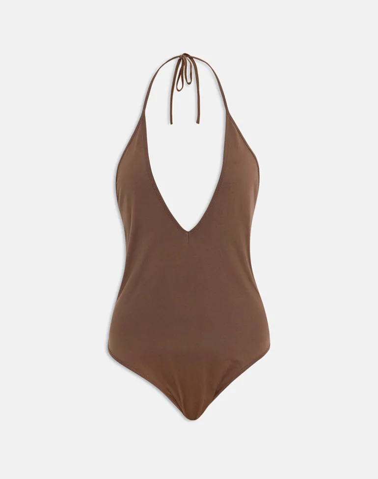 Kitty Deep Plunge Bodysuit in Cocoa