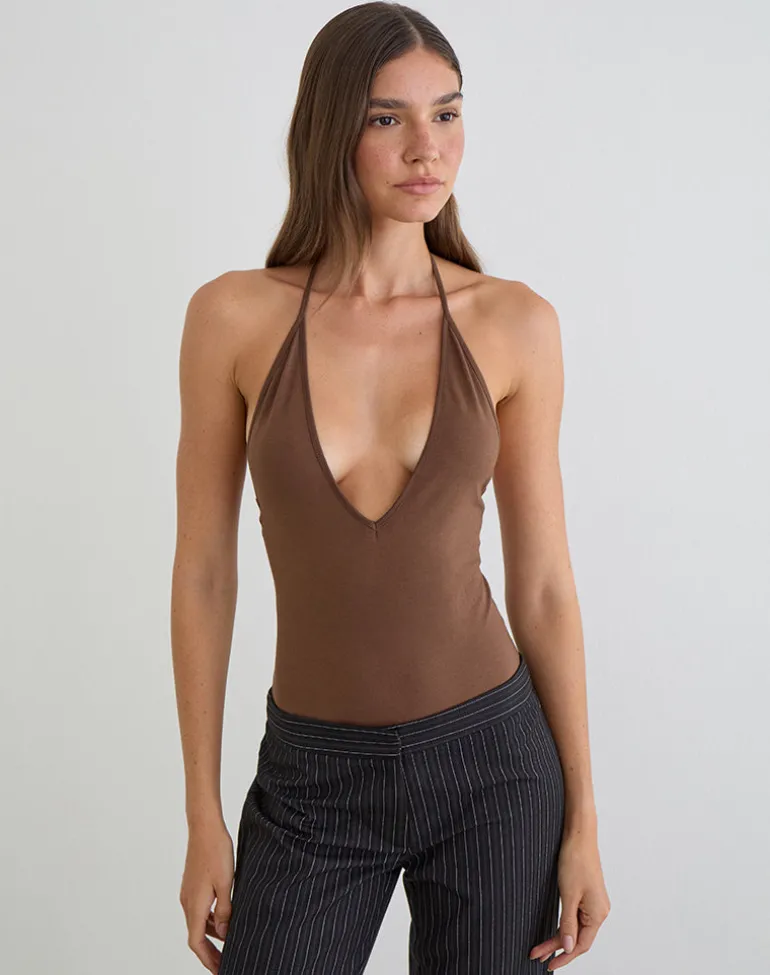 Kitty Deep Plunge Bodysuit in Cocoa