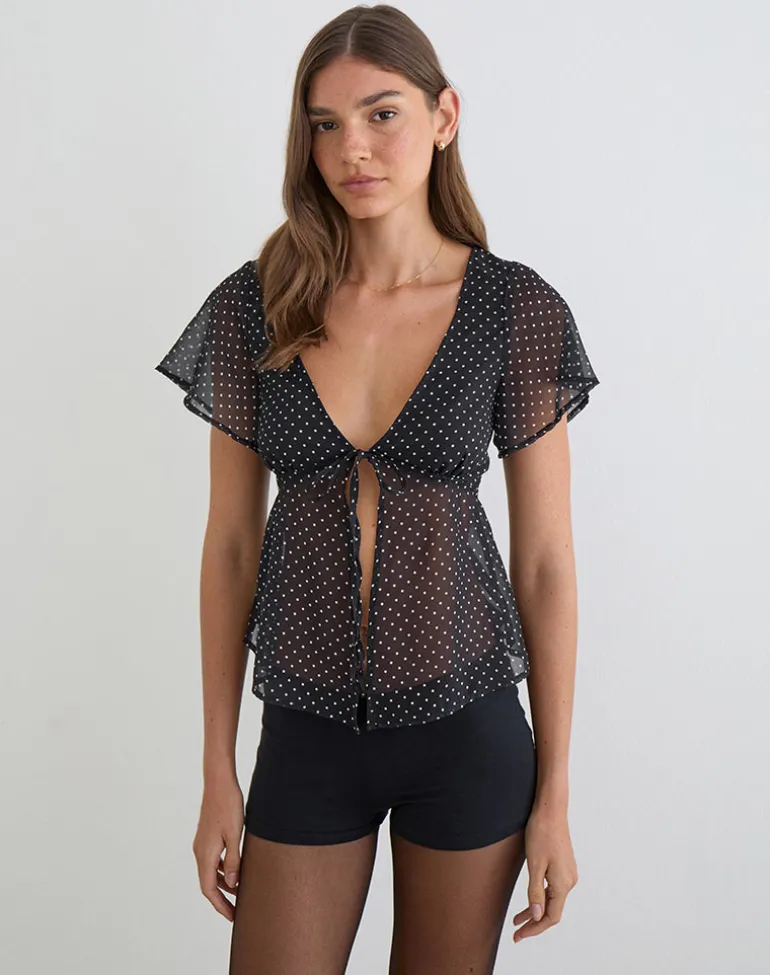 Kota Chiffon Blouse in Black with Micro Polka Print