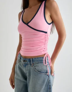 Laird Wrap Top in Ballet Pink with Navy Binding