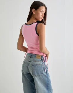 Laird Wrap Top in Ballet Pink with Navy Binding