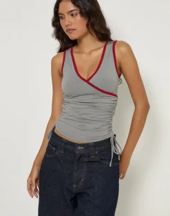 Laird Wrap Top in Grey with Adrenaline Red Binding