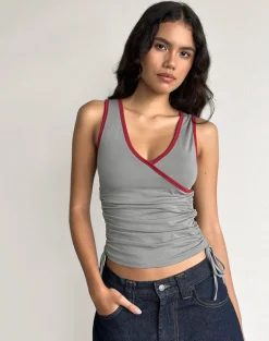 Laird Wrap Top in Grey with Adrenaline Red Binding