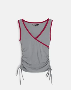 Laird Wrap Top in Grey with Adrenaline Red Binding