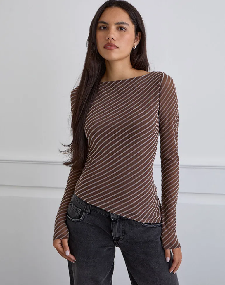 Lakya Long Sleeve Top in Diagonal Stripe Flocked Brown and Cream