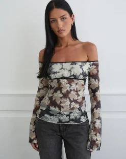 Laluna Top in Silhouette Leaf Ivory Black