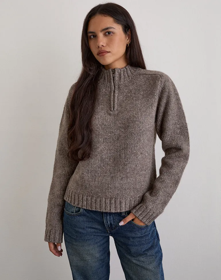 Lamara Quater Zip Jumper in Dark Brown Marl